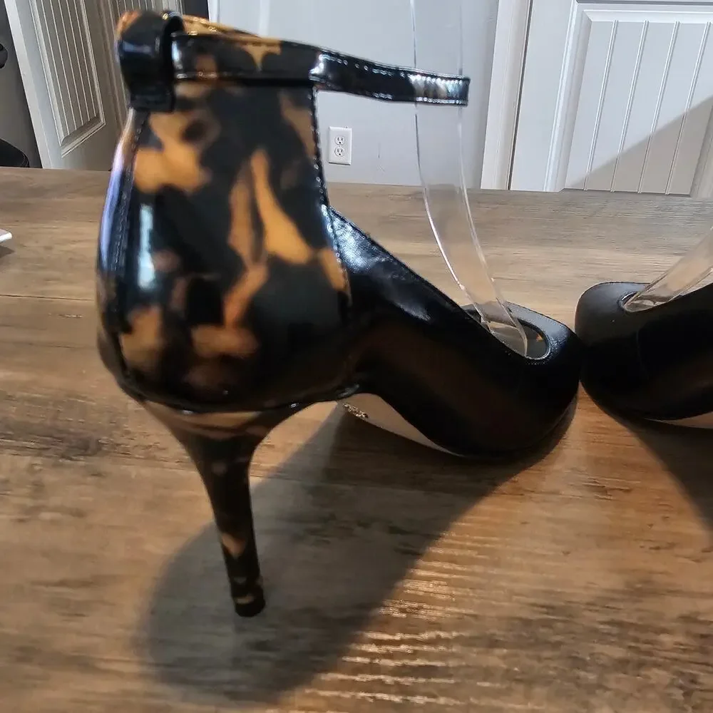 Ann Taylor Viola Heels Womens Size 6 Black Leather Tortoise Ankle Strap Glam